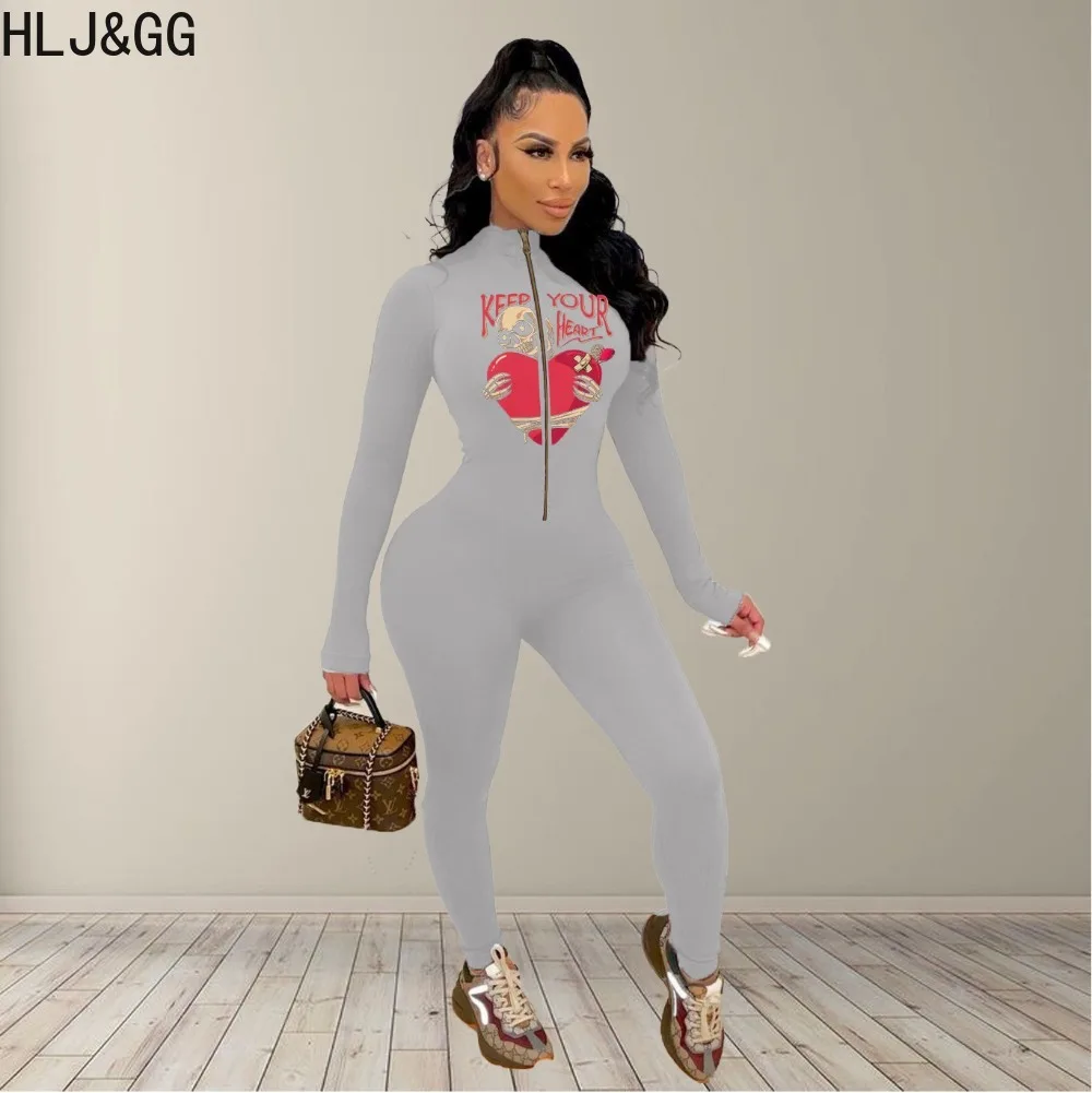 HLJ&GG Sexy Pattern Printing Bodycon Jumpsuits Women Zipper Long Sleeve Skinny Pants One Piece Playsuits Casual Sporty Overalls