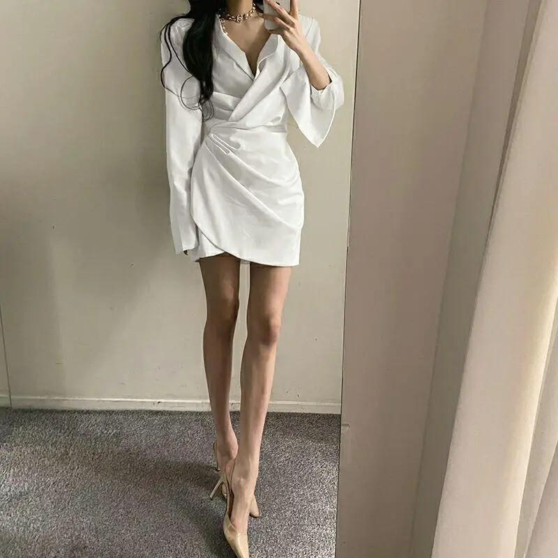 Women's Ruched Mini Dress 2023 Fall Fashion Long Sleeve Irregular Slit Dress Sexy V-neck Shirt Short Skirt Slim Fit Vestidos