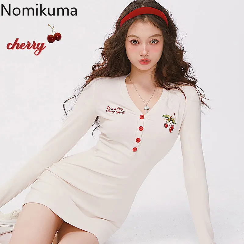 

Nomikuma Vestidos Elegantes Para Mujer V Neck Letter Embroidery Slim Vestido Feminino Retro Sweet Fashion Preppy Dress for Women