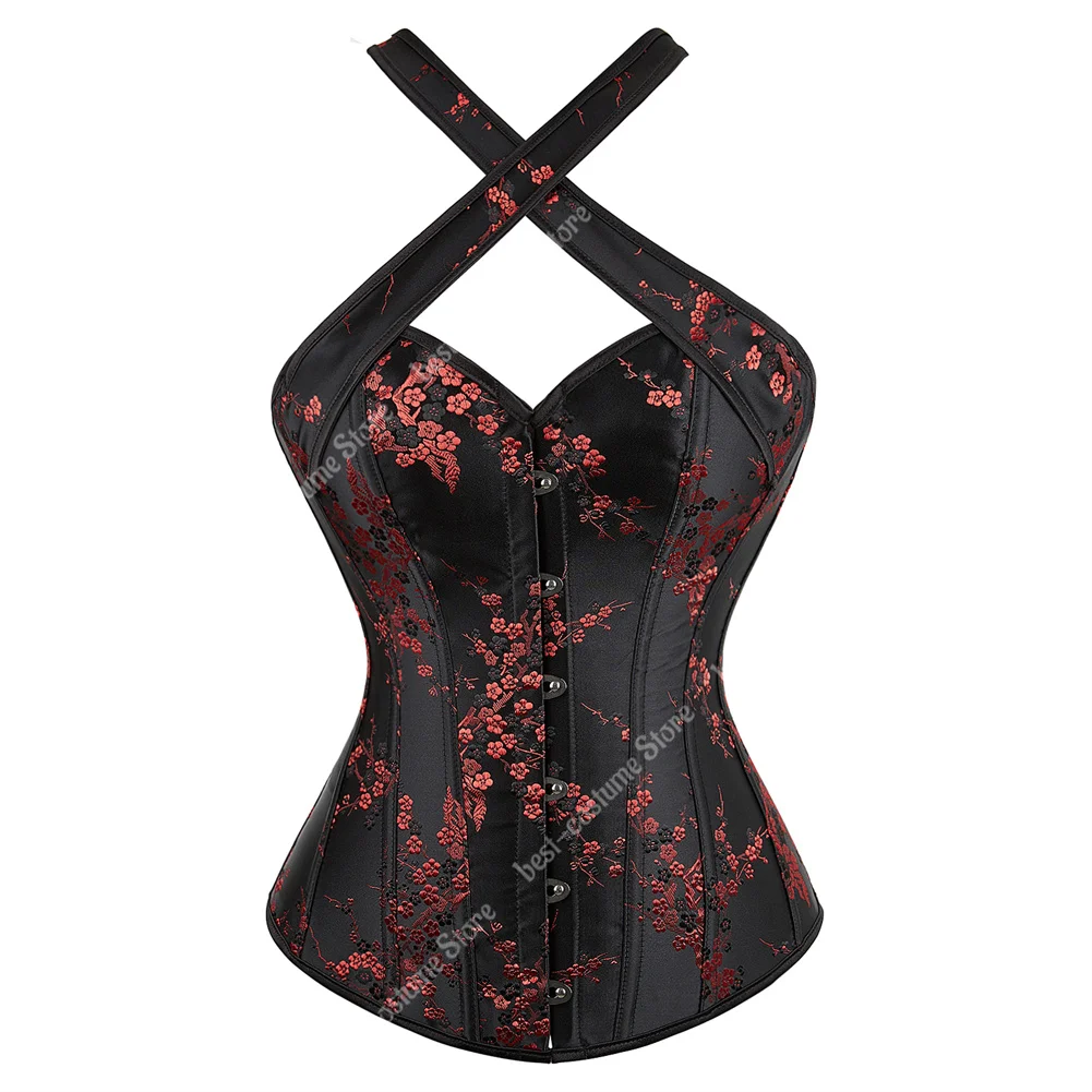Vintage-Inspired Floral Gothic Corset Top with Halter Straps in Black and Red