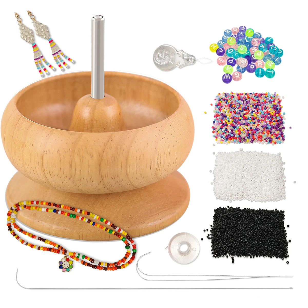 XUQIAN Wooden Bead Spinner Kit with Beading Needles Seed Beads and 1 Surprise Gift Pack for Jewelry Making Tools L0191