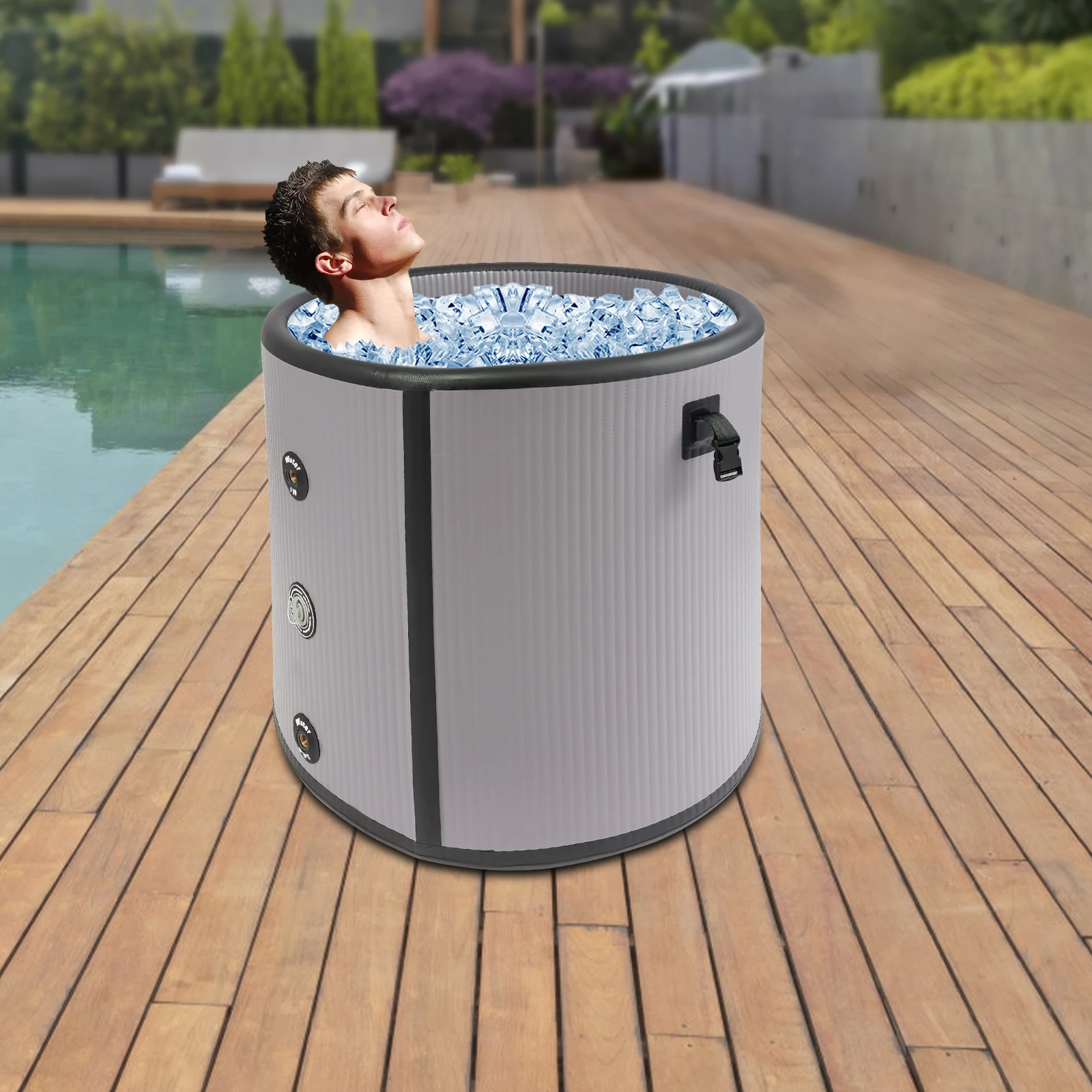 Portable PVC Ice Bathtub,380L Grey Round Inflatable Cold Bathtub Freestanding 90*76cm for Bathroom,Shower Room
