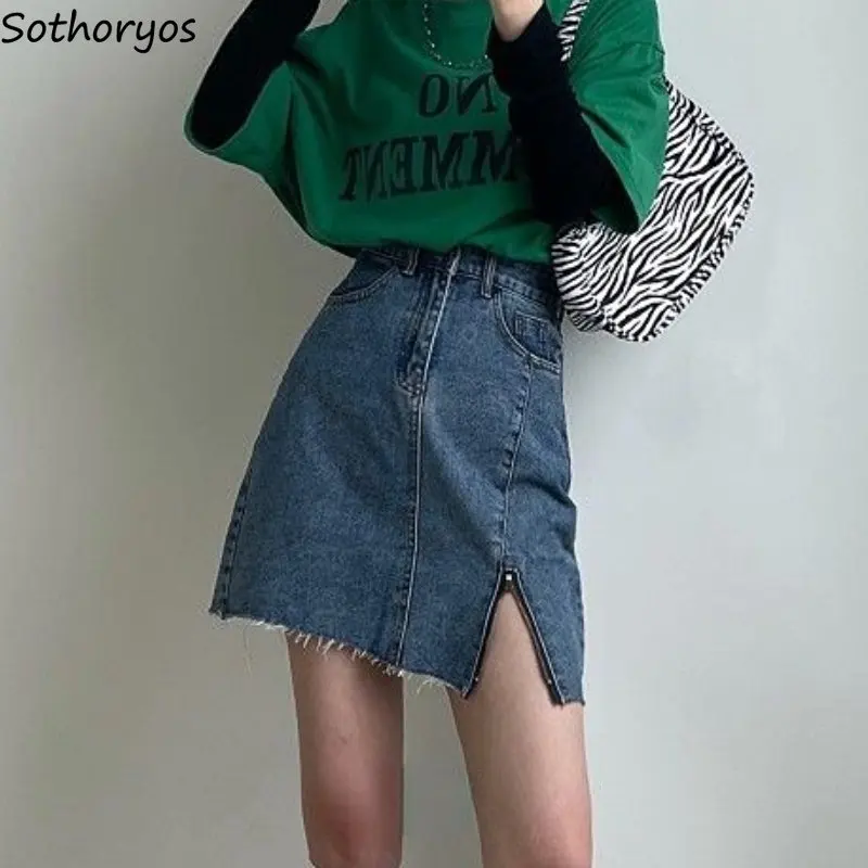 

Skirts Women Chic High Waist Vintage Side-slit Design Female Streetwear Summer All-match Korean Style Simple Denim Leisure Ins