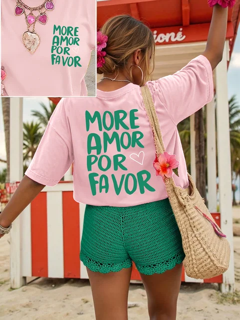 More Amor Por Favor Women's Tee - Retro Spanish Love Graphic, Casual Summer Top 1