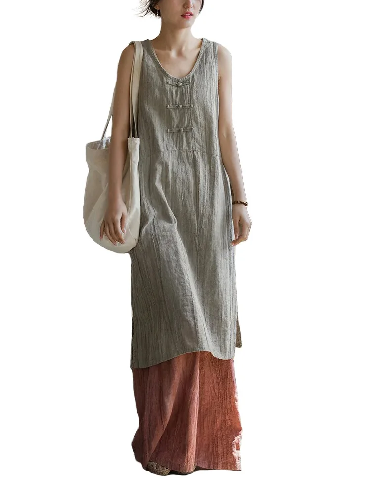 TieDyeSleevelessSunDressWomenTexturedRamieCottonTankDresses