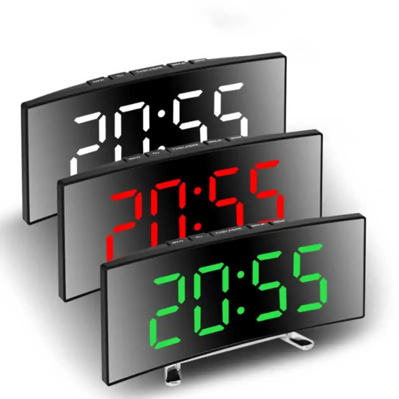 Alarm Clock Creative Curved Electronic Clock LED Large Screen Mirror Alarm Clock Students Silent Multifunctional Desktop Ornament