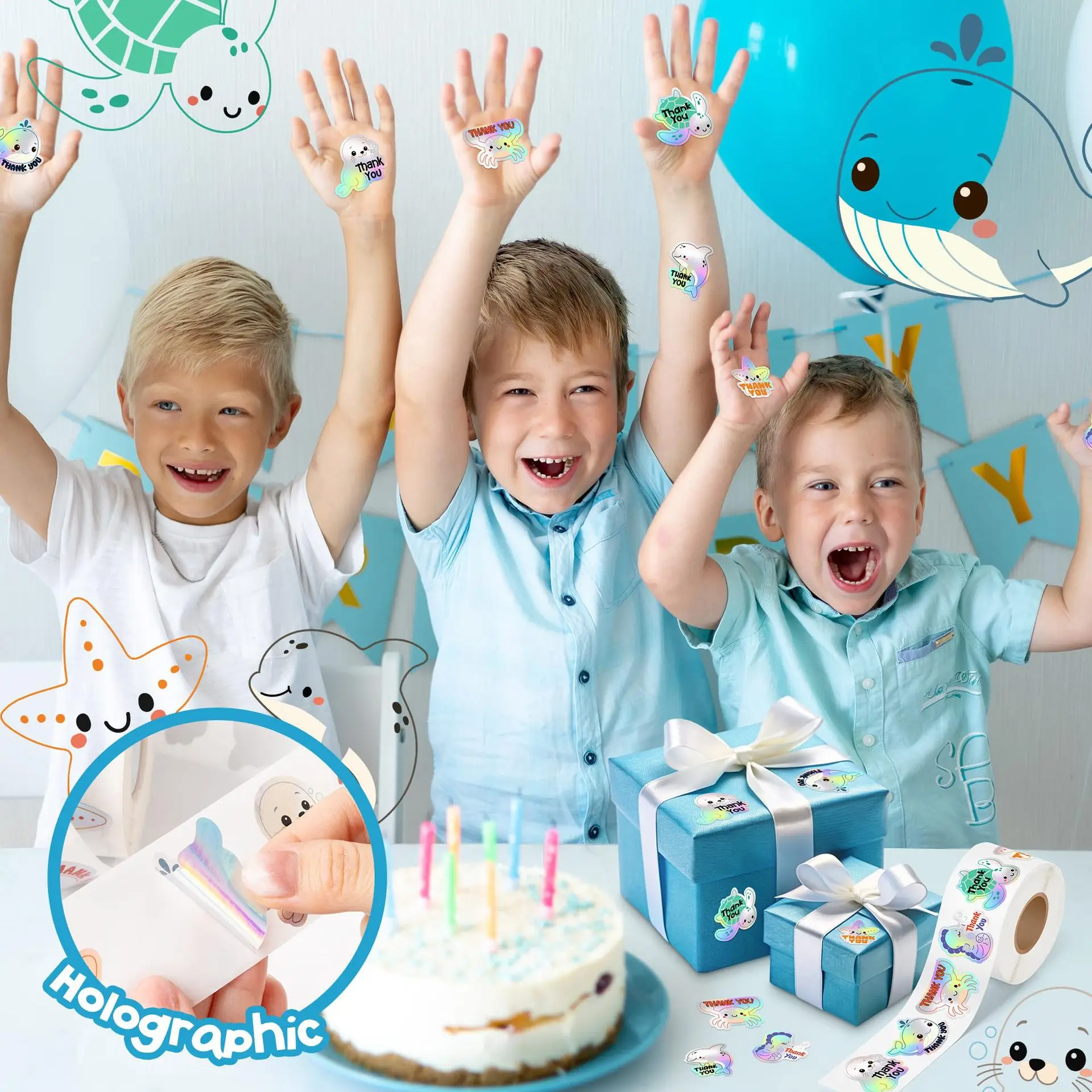 500개 해양 감사 스티커 롤 홀로그램 여름 바다 동물 거북이 해파리 생일용 자가 접착 라벨