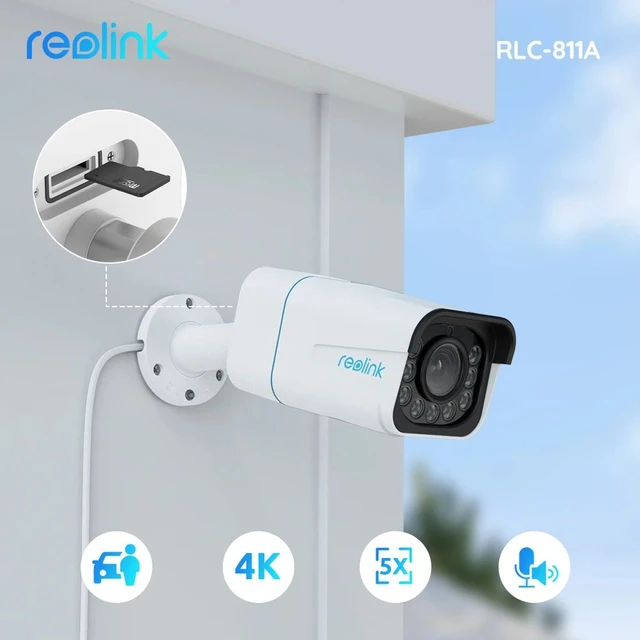 REOLINK RLC-811A - Cámara de seguridad IP PoE 4K - FoV de 128°, zoom óptico  5X para uso en exteriores, lente de 0.106 in con visión nocturna a color