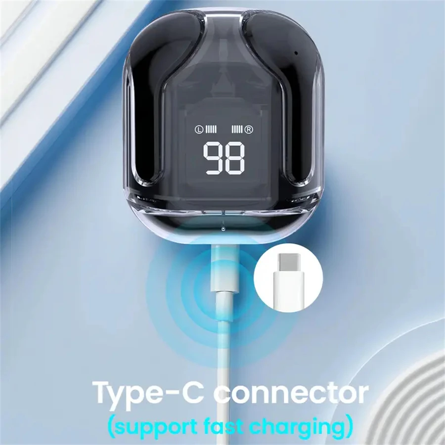 Original T2 Wireless Bluetooth Earphone Transparent HIFI Headphones LED Power Digital Display Stereo Sound Earphones for Phone 3