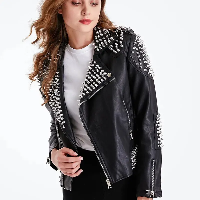 Autumn Winter Fashion Thick Leather Jacket Women With Rivet Punk Style