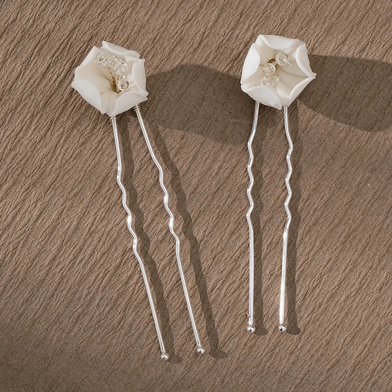 2PCS U-shaped Ceramic Flowers Hairpin Hair Accessories White Ceramic Flowers Updos Hair Pins for Bride Bridesmaids Flower Girls