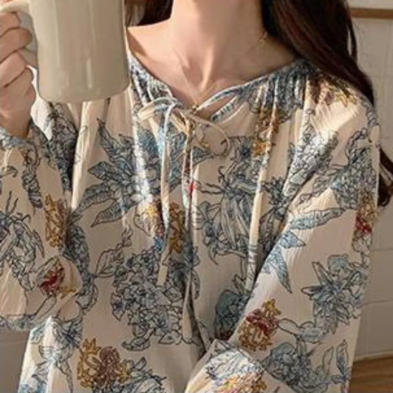 Spring Nightdress Vintage Plus Size Pajamas Loose Casual Pyjamas Round Collar Lace-up Sleepwear Medium Long Printed Nightgown