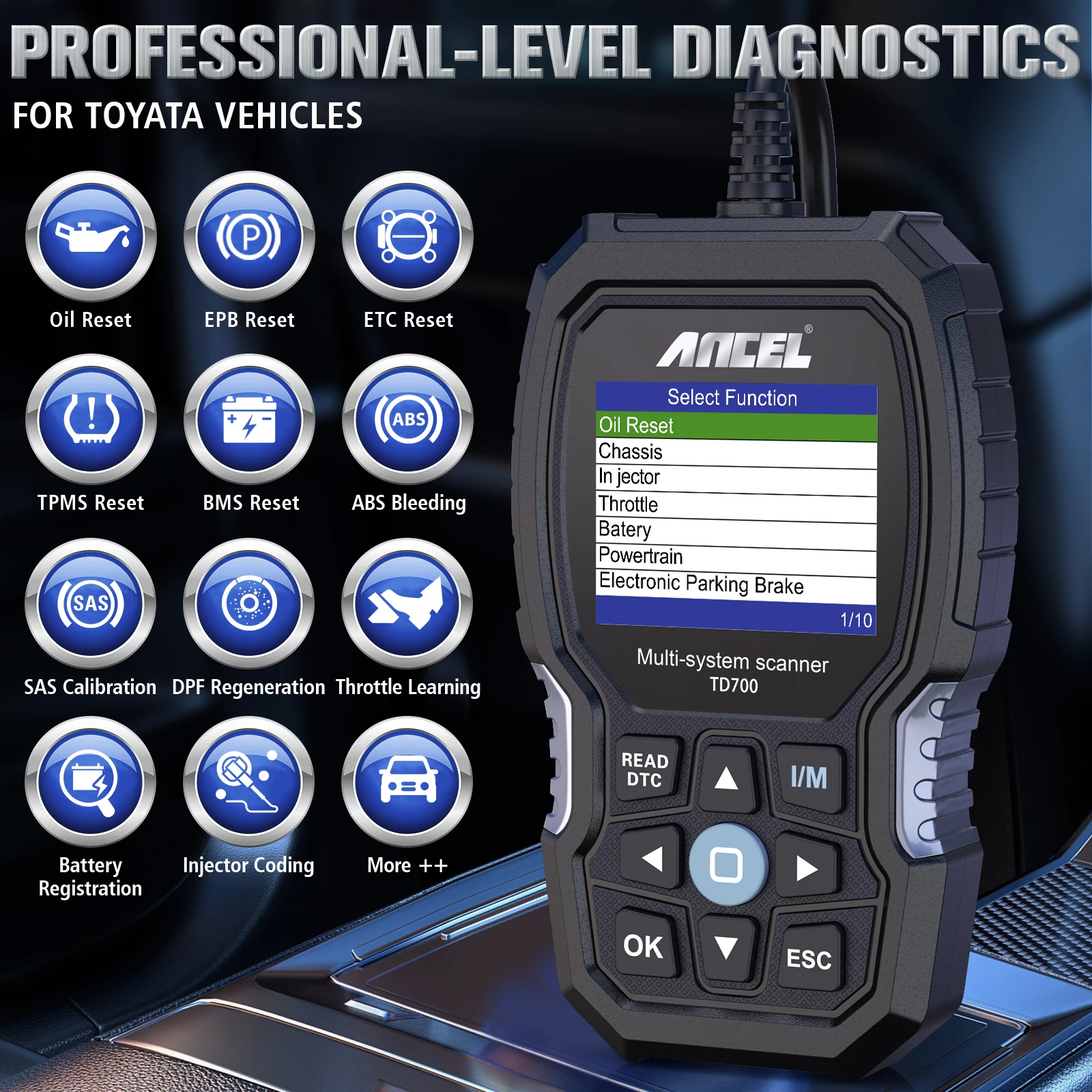 ANCEL TD700 Car Diagnostic Scan Tools All System Code Reader ABS EPB Oil BMS SAS 11 Reset ODB OBD 2 Car Scanner for Toyota Lexus 3