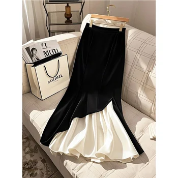 Autunno Temperamento Patchwork Vita alta Gonna a trapezio Donna All-match Patchwork alla moda Gonna a pieghe irregolare Abbigliamento donna 1