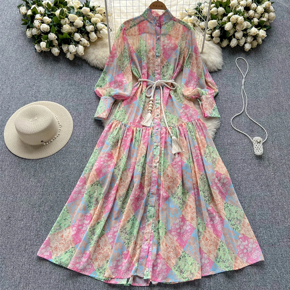 

Spring Autumn Floral Print Boho Dress Woman Puff Sleeve Lace-up High Waist Midi Long Pleated Dresses Women Beach Clothes SR895