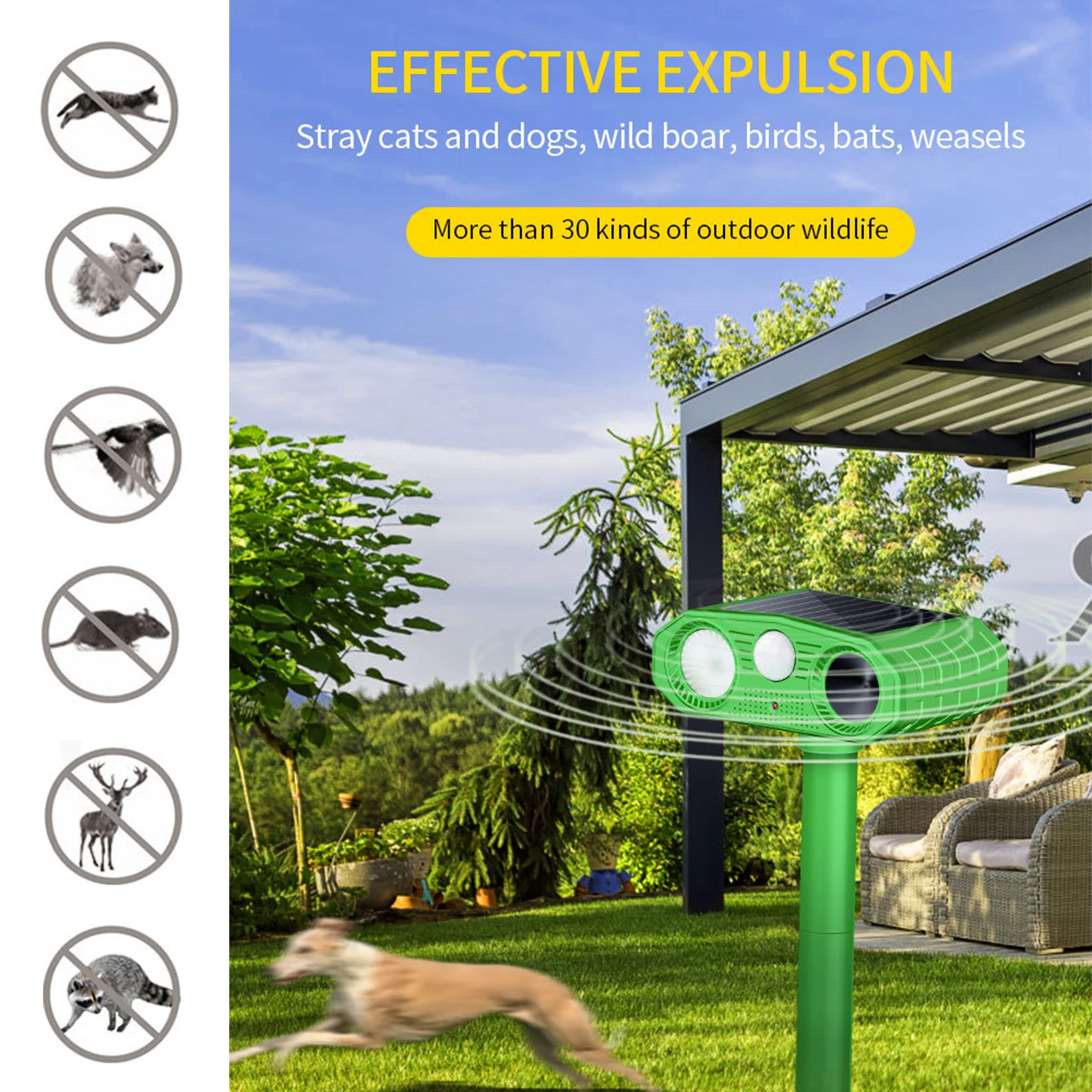 Répulsif solaire 62 pour animaux, capteur PIR étanche, jardin extérieur,  anti chat, chien, sanglier, USB, alarme solaire ultrasonique - AliExpress