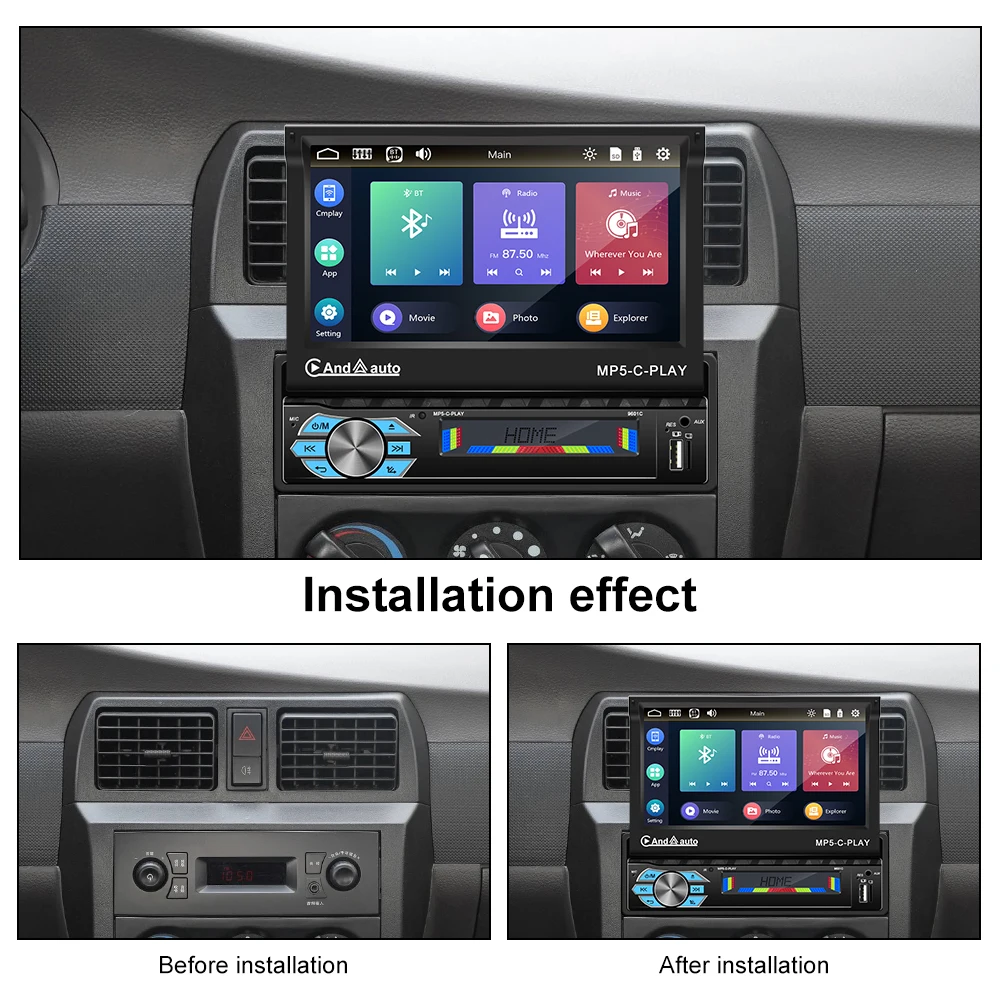 Podofo 1din Car Radio GPS Navigation CarPlay 7" Retractable Screen 1 Din Multimedia Player Universal Audio Video Stereo Receiver