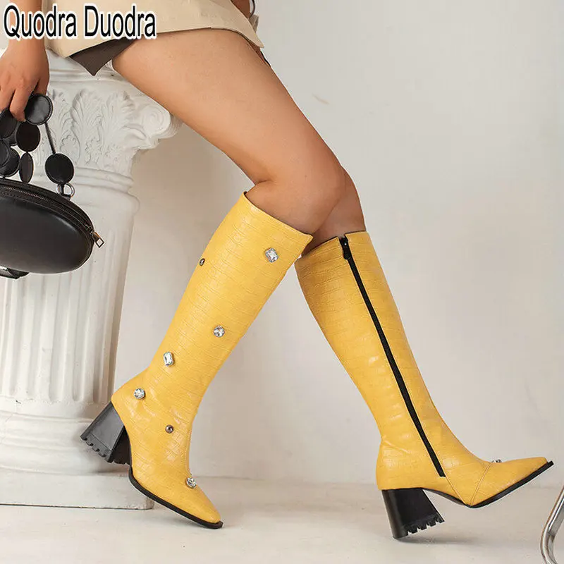

Boots New Women Shoes Thick High Heels Winter Pointed Toe Plus Size 48 34 PU Print Knee-High Female Zipper Yellow Diamond