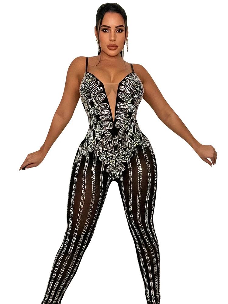 Solid Color Mesh Camisole Jumpsuit Sexy Sleeveless Hot Diamond Perspective Women's Clothing Fashion Tight Nightclub Jumpsuit women s summer tropical print jumpsuit casual slim short sleeve round neck beach jumpsuit sleeveless tight sexy jumpsuit