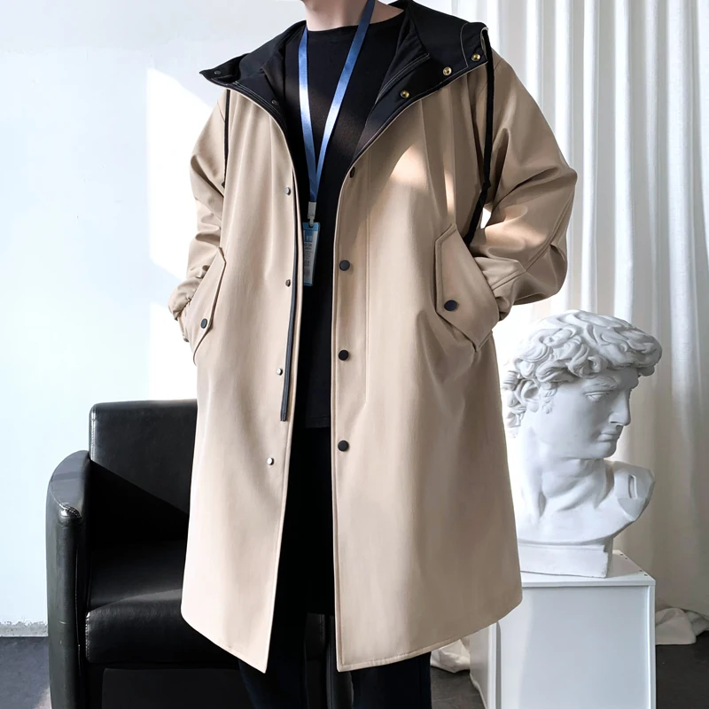 Trench Men Fashion Turn Down Collar Hooded Trenchcoat Autumn Single-breasted Loose Windbreaker Casual Overcoat Fake Two Piece trench coat warmth coat waterproof windbreaker jacket casual men jacket