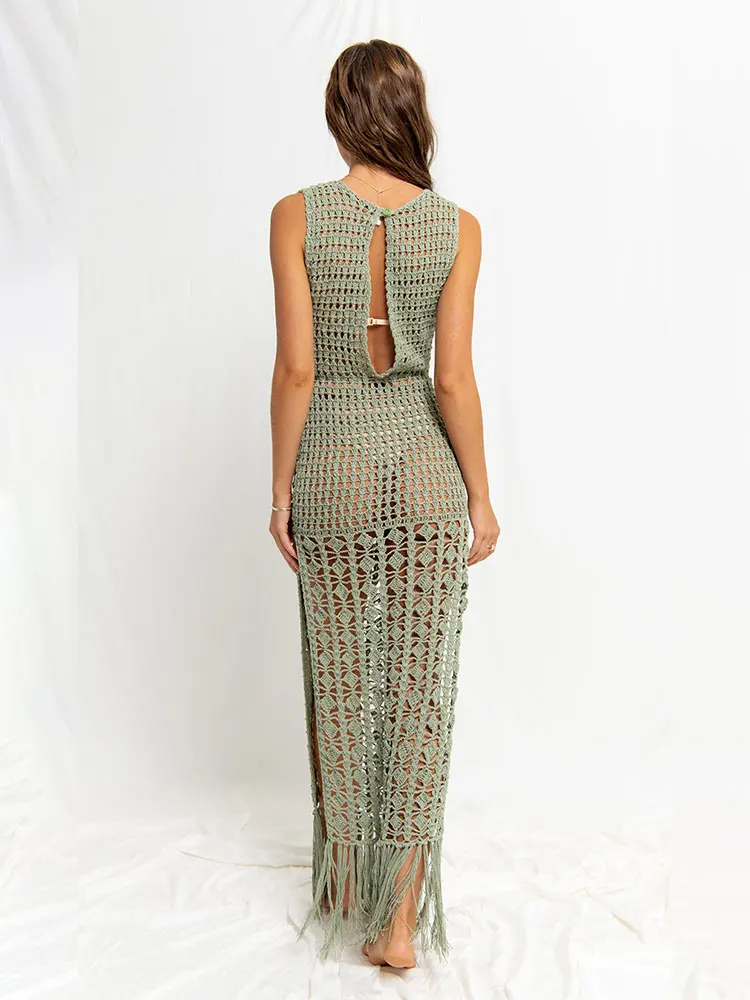 Green Crochet Tunic Bikini Cover-ups Sexy Hollow Out Fringed Mesh Dress Women Summer Beach Wear Swim Suit Cover Up A1285 3