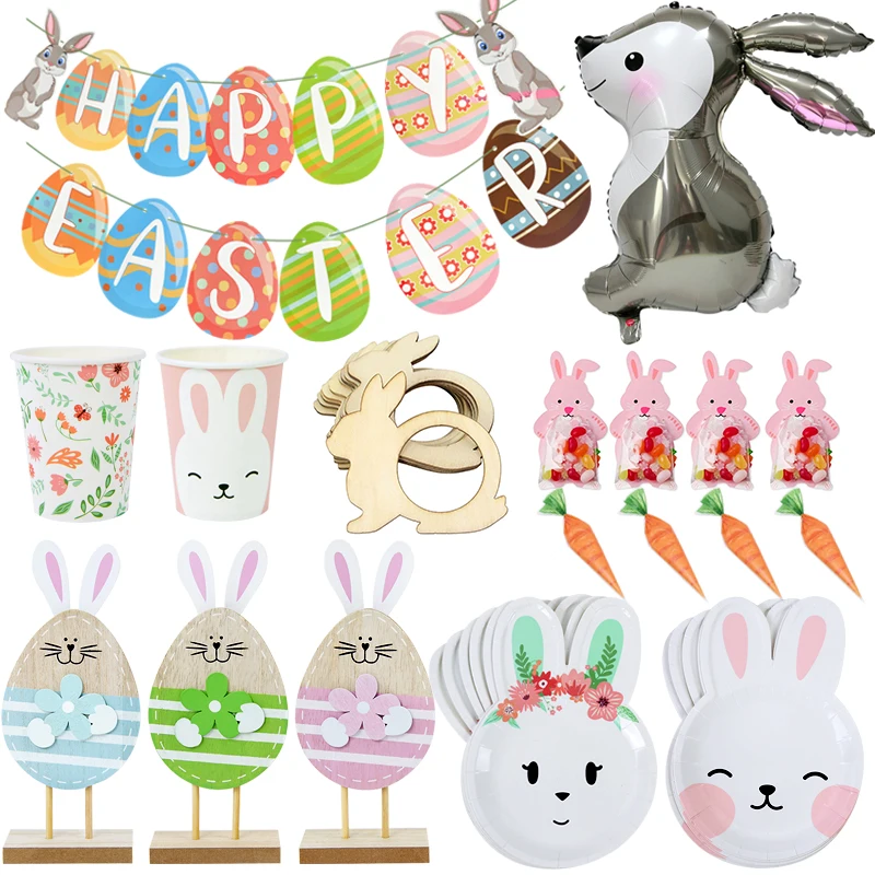 Easter Bunny Disposable Tableware Cute Rabbite Foil Balloon Candy Bag For Home Spring Easter Day Party Supplies Table Ornaments