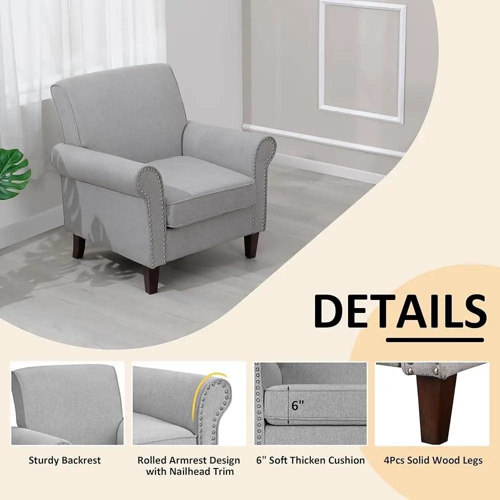Comfy Accent Chair Set of 2 Mid Century Modern Fabric Living Room Chair Ergonomic Armchair with Soft Cushion Nailhead Trim 6