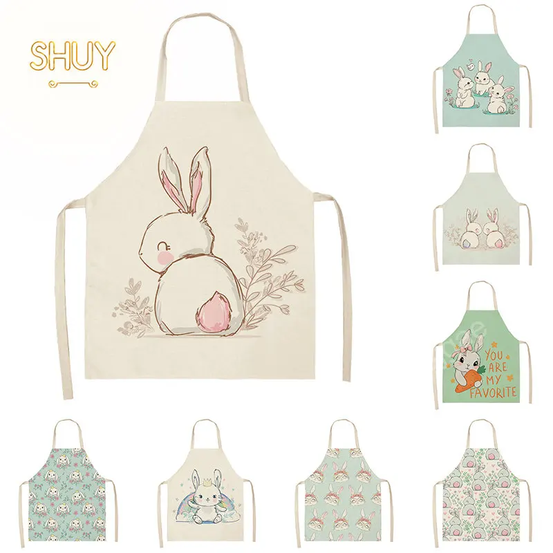 

Cute Cartoon Rabbit Print Kitchen Apron Female Alpaca Print Home Cleaning Restaurant Kitchen Cooking Baking Accessories Bib