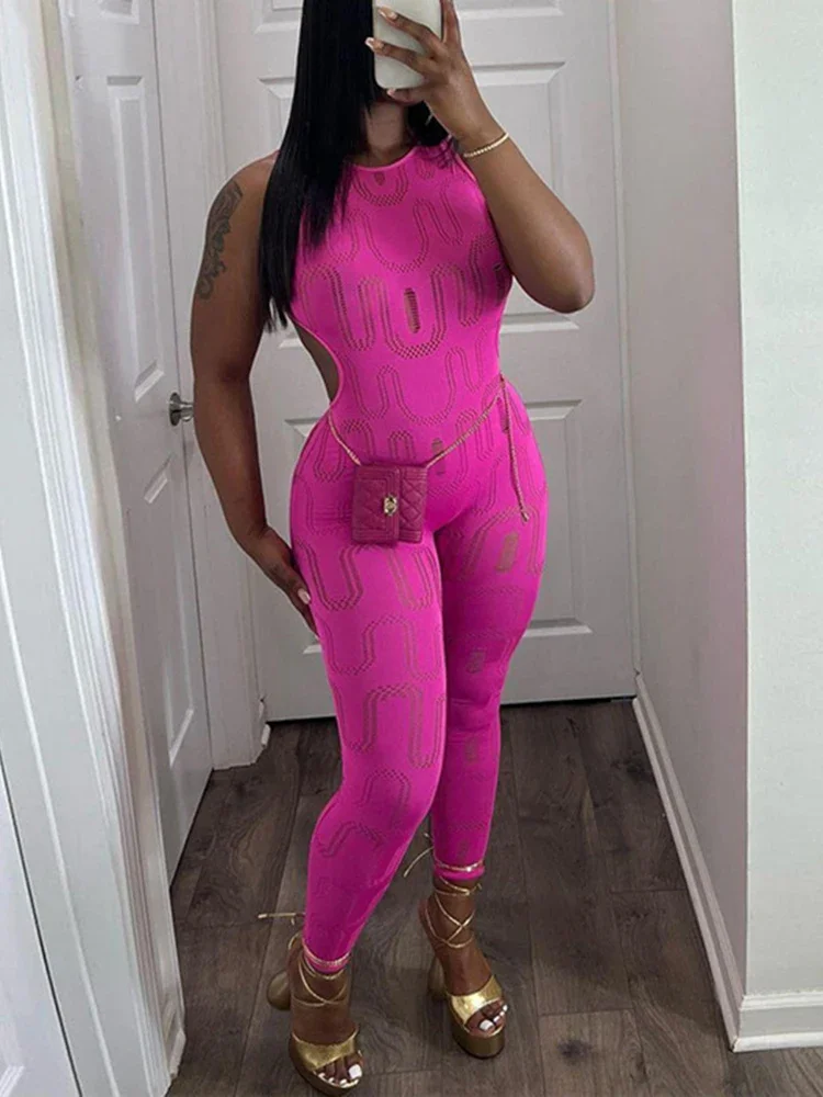 

5pcs/lot Bulk Buying Sleeveless Sexy Cut Women Bodycon Sporty Jogger Jumpsuit Solid Color Holes Street Stretchy Overalls