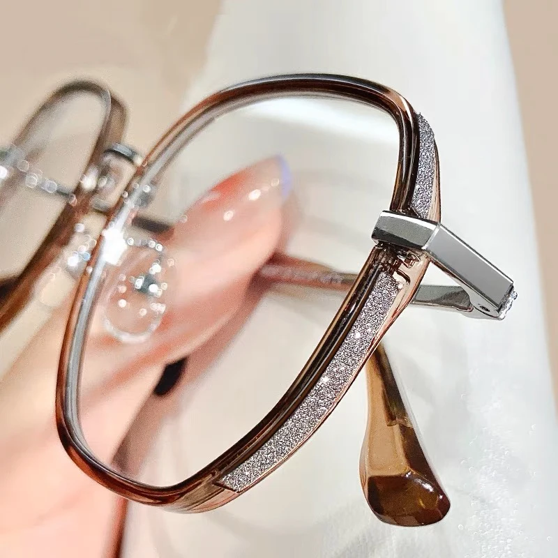 남녀공용 안티 블루 라이트 안경, 다이아몬드 스터드, 대형 사각 안경, 컴퓨터 고글, 반짝이 프레임