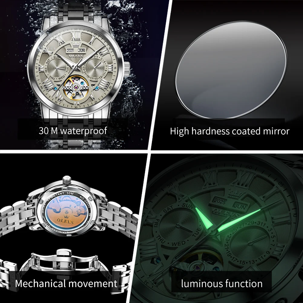 OLEVS 6668 Luxury Skeleton Automatic Mechanical Men Watch Top Brand Movement Roman Scale Calendar Waterproof Business Men Watch 5