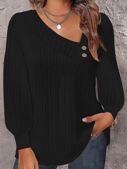 Asymmetrical Neck Pleated Long Sleeve Button Detail Tunic Top For Women 1