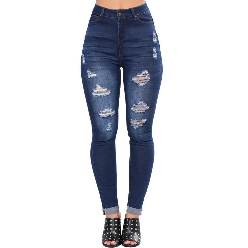 

2024 Spring/Summer Monsoon Tear Jeans Tight Fit Large Elastic Hip Fit Flipped Pencil Jeans with Tears