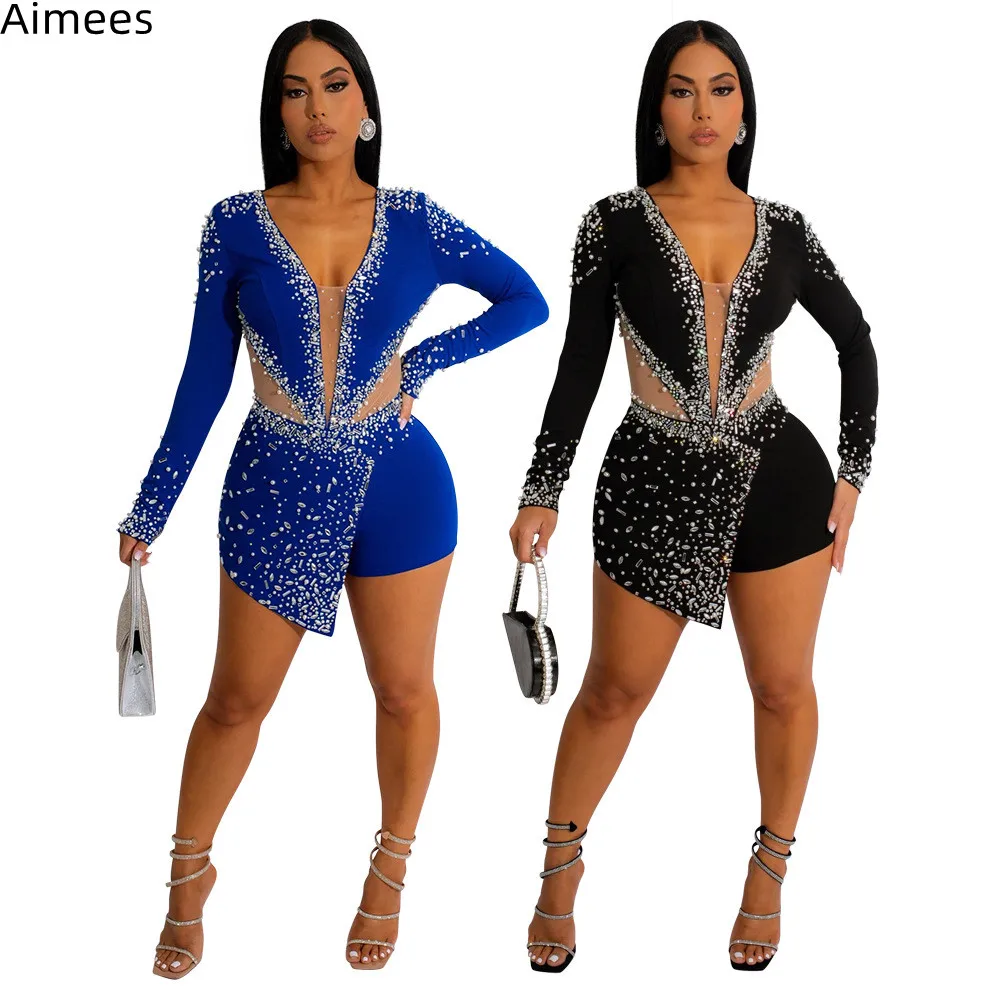 

Gorgoues Pearls Crystals Women Bodysuit for Party Nightclub See Through Mesh Patchwork Long Sleeves Sexy Shorts Jumpsuit