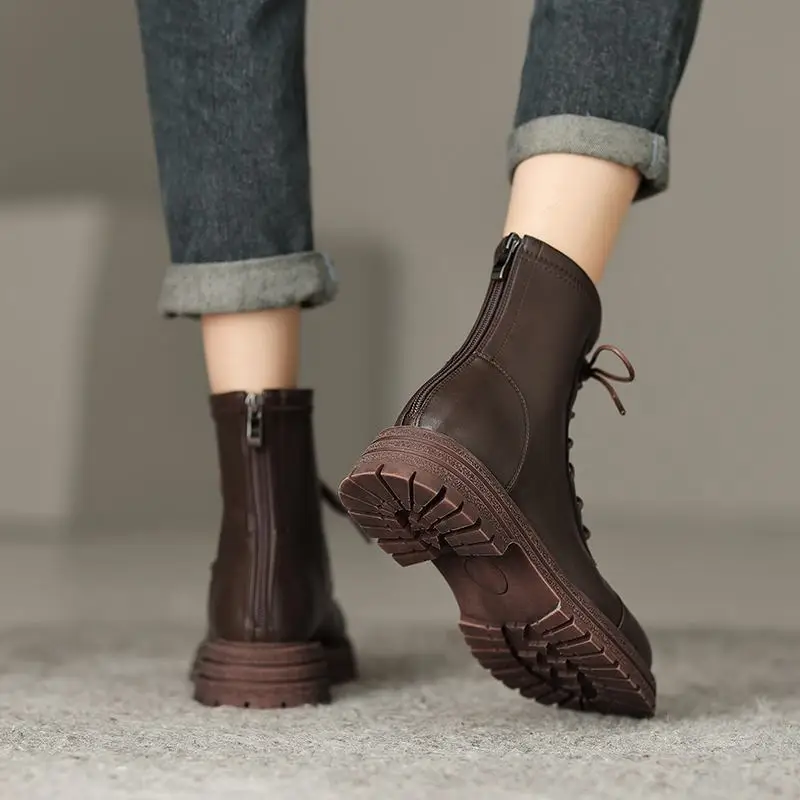 

Vichelo Hot Cow Leather Round Toe Med Heels Motorcycles Boots Big Size Cross-tied Street Wear Causal Joker Platform Ankle Boots