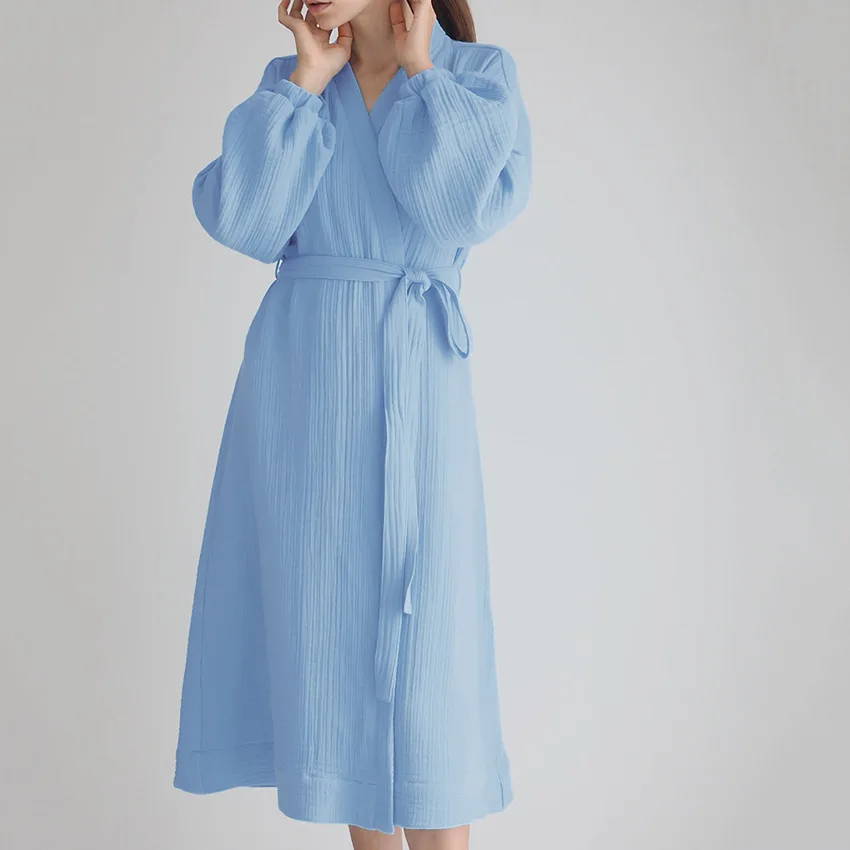 Solid Color Sleepwear Womens Robe Puff Sleeves Bathrobe Female Nightwear Cotton Robes Women Home Wear Spring Loungewear