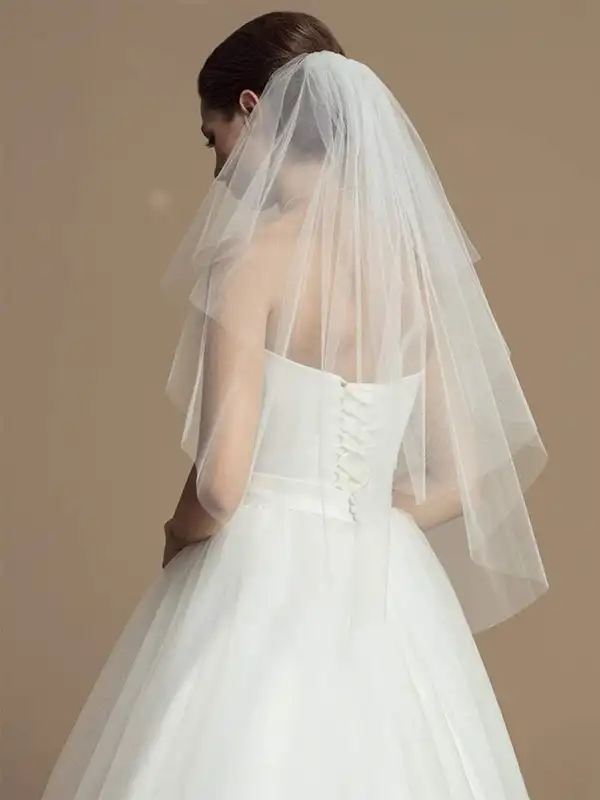 2 Tiers White Ivory Bride Wedding Veil Short Fingertip Bridal Tulle Veil with Comb and Cut Edge Velos De Novia Largos - Image 3