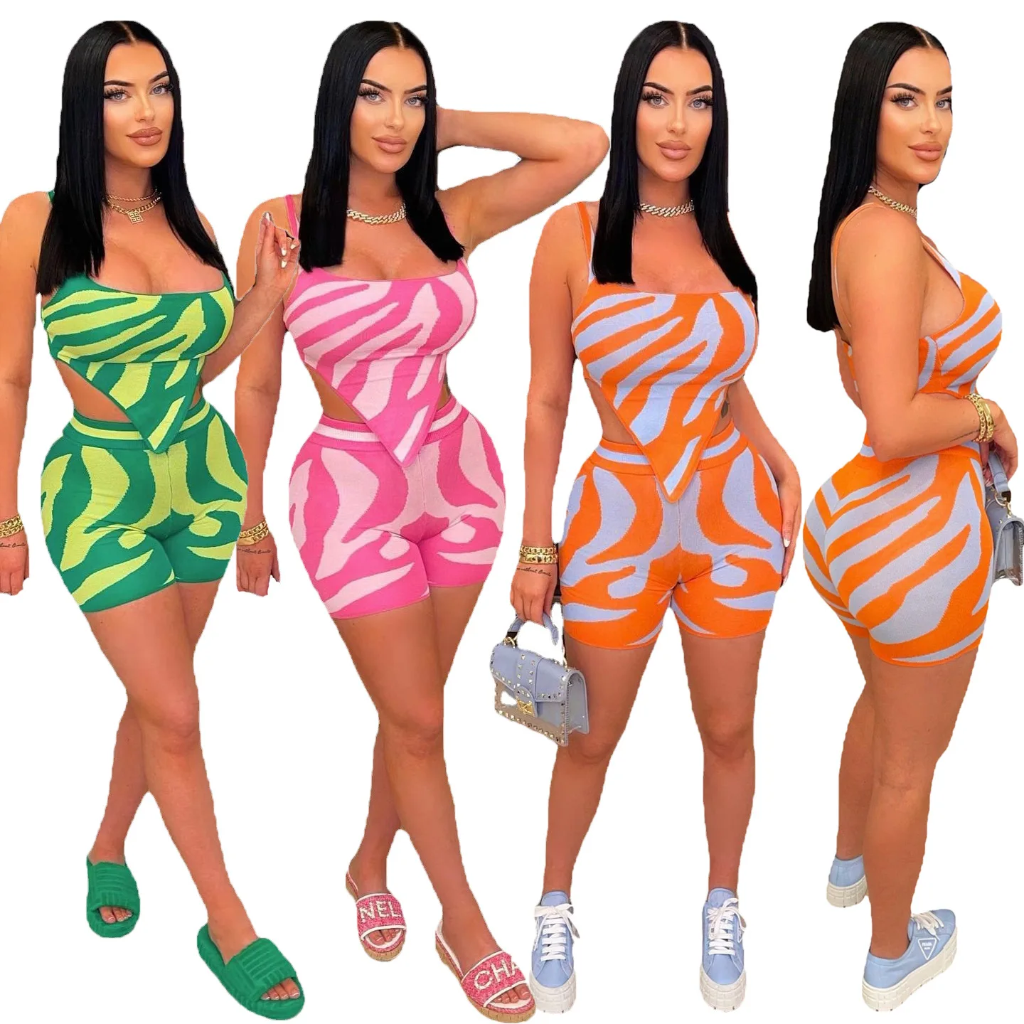 

Two Piece Sets Women Summer Printed Vest Top Tshirts+Stretchy Shorts Femme Backless Halter Tops and Biker Joggers Sexy Outfit