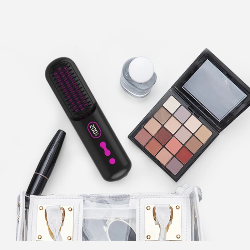 Electric LCD Usb Ceramic Heating Straight Hair Comb Wireless Portable Negative Ion Styling Tool Rechargeable Straightening Brush