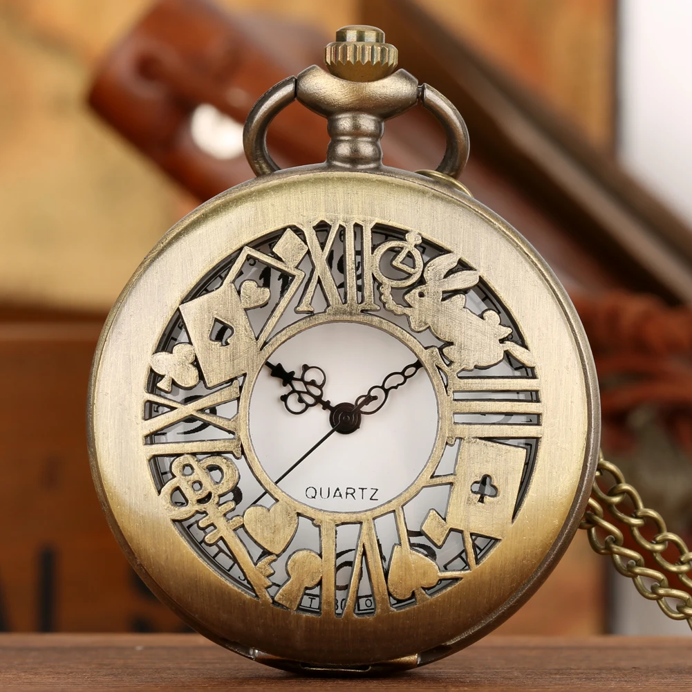 

Antique Girls Hollow Poker Rabbit Quartz Analog Retro Bronze Necklace Watch Chain Pendant Pocket Clock Vintage Gifts for Women