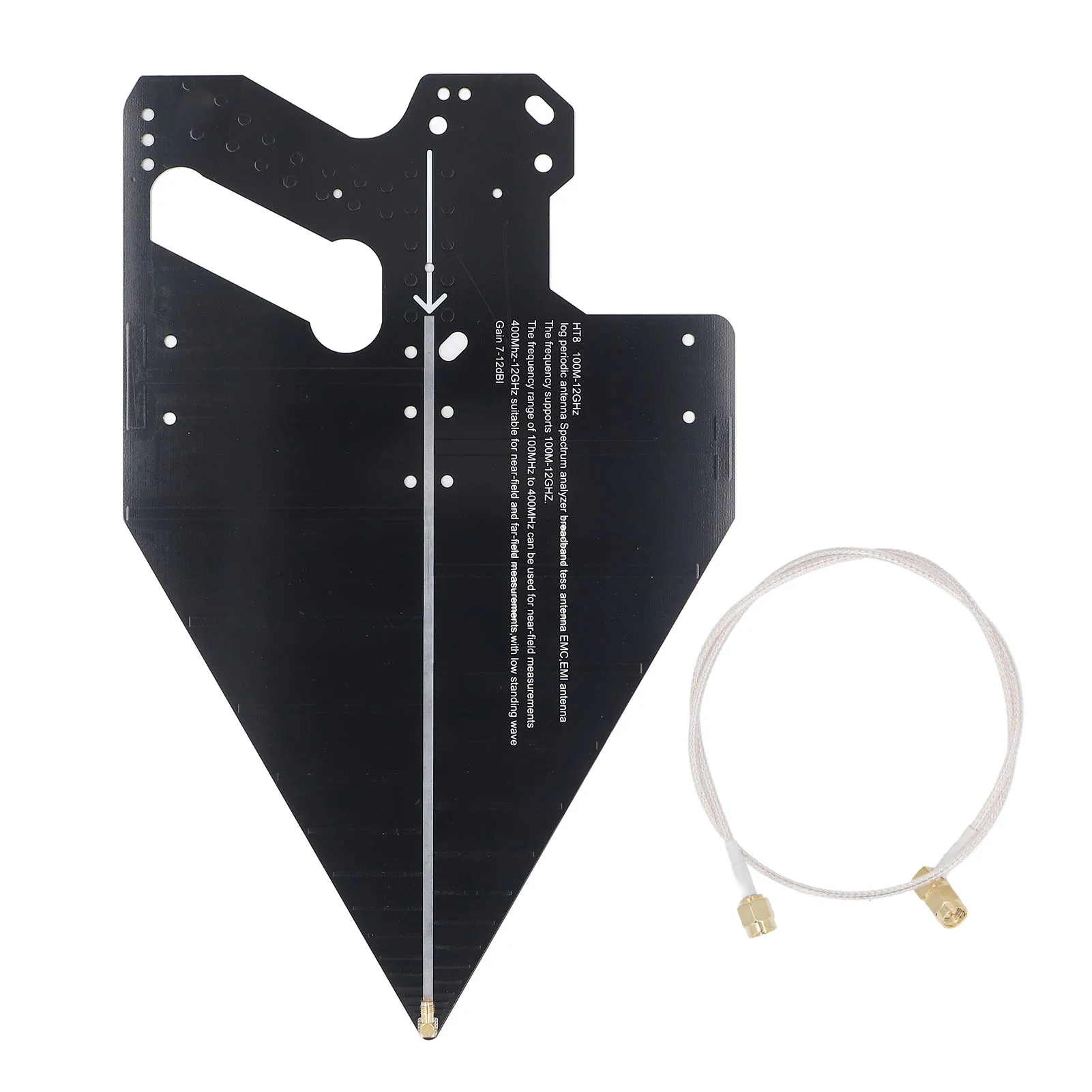 Détail du connecteur et de la base de l'antenne log-périodique sans fil, soulignant sa robustesse pour la détection de direction haute précision.