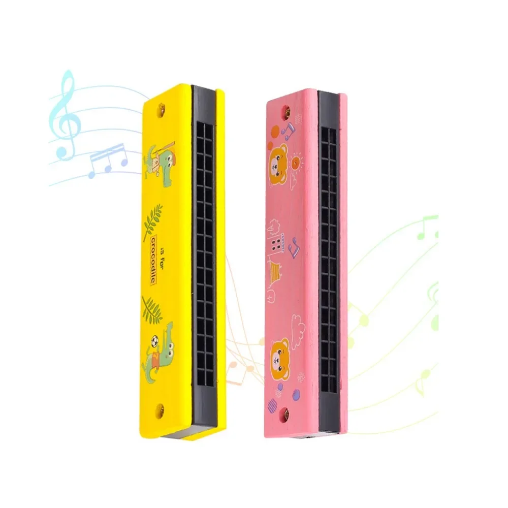 2pcs Children's 16 Hole Harmonica Wood Cartoon Beginner C Tuning Double Row Puzzle Easttop Playing Music Education Random Lovely diatonic harmonica chromatic harmonica kids harmonica mouth harp