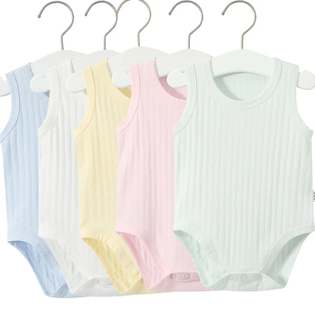 High Quality Soft Breathable 100% Cotton  Sleeveless Baby Rompers Round-neck Summer Baby Bodysuit Plain Infant clothes 1