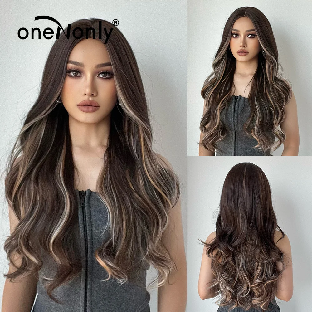 

oneNonly Long Wave Brown Blonde Wig Good Quality Synthetic Wigs for Women Halloween Party Natural Woman Wigs Heat Resistant Hair