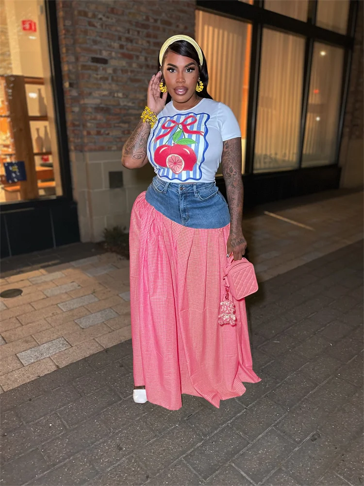 Wmstar Two Piece Set Women Casual Tshirts Top Denim Patchwork Skirts Sets Summer Clothes Matching Suit Wholesale Dropshipping