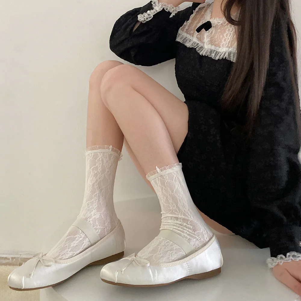 

Sweet Girls Frilly Ruffle Socks Lolita Hollow Out Mesh Thin Breathable Lace Socks Women JK Japanese Style Kawaii Cute Long Socks