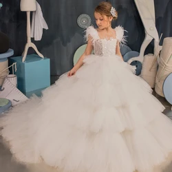Lorencia Elegant White Ruffles Ball Gown Flower Girl Dress 2023 Sequins Kids Princess For Wedding Party Pageant Gowns YFD54