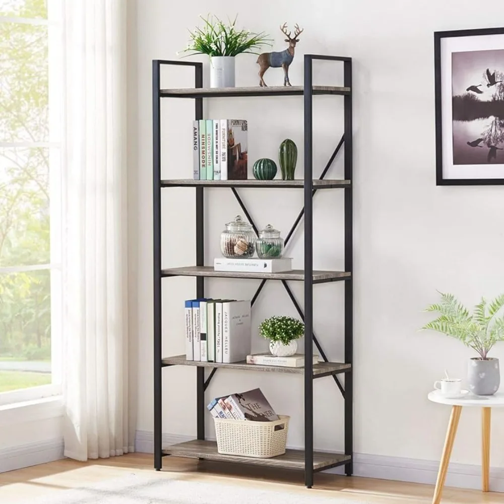 

BON AUGURE Industrial Bookshelf, Etagere Bookcases and Book Shelves 5 Tier, Rustic Wood and Metal Shelving Unit (Dark Gray Oak)