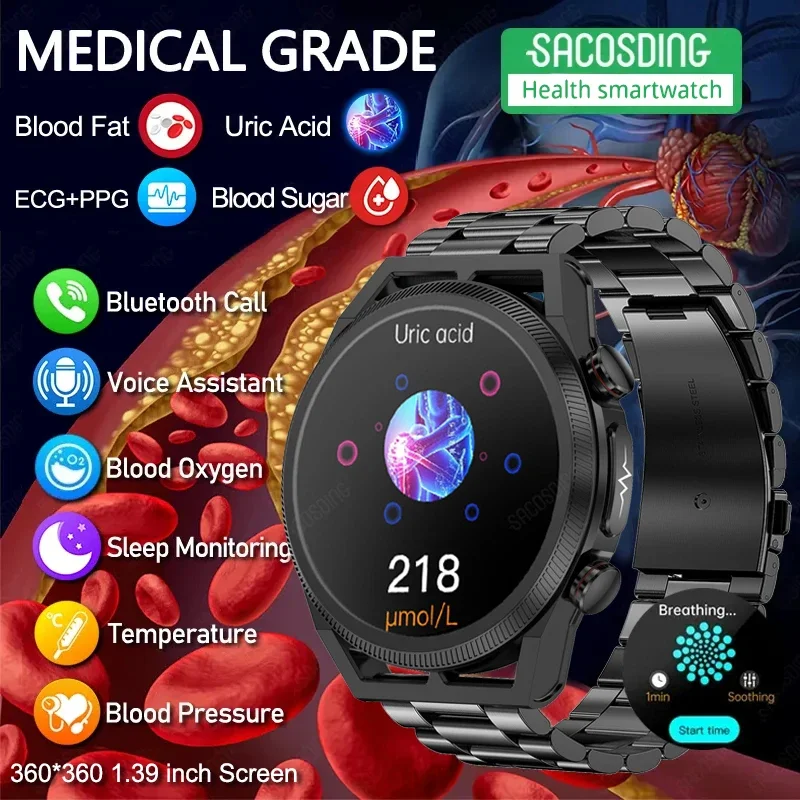 2024 Health Body Termometro Smart Watch Blood Sugar Blood Lipid Acido Urico Monitor Hrv Ecg + Ppg Smartwatch 360*360 Bluetooth Call