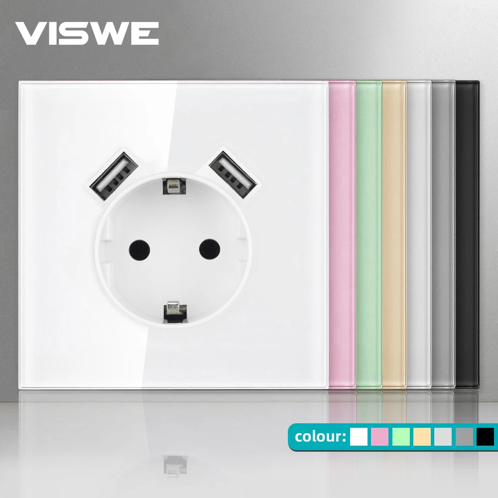 

VISWE EU Standard Socket 220V 16A White Full Mirror Crystal Tempered Glass Panel socket with usb for home 5V 2A